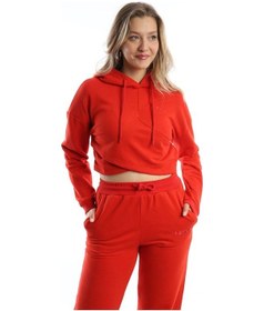 Resim Kadın Kruvaze Detaylı Kapüşonlu Crop Sweat Kırmızı 