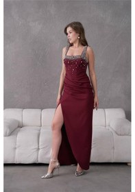 Resim Neşeli Butik Kadın Taş Detaylı Askılı Uzun Abiye Elbise Nbs9367 Bordo 