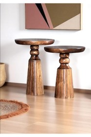 Resim AYLESA Doğal Ahşap 2’li Set Mantar Yan Sehpa Modern Fiskos Zigon Çiçeklik 