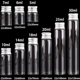 Resim 24 adet / Set 2.2 cm çap 5 ml / 6 ml / 7 ml / 10 ml / 14 ml / 18 ml / 20 ml / 25 ml / 30 ml Cam Şişe Alüminyum Kapaklı Küçük Mini Cam Şişe 9 Boyut Seçeneği 