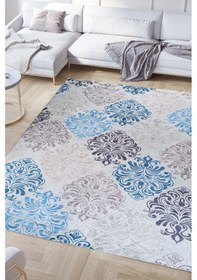 Resim Modern Desenlerde Kadife Dokulu Lastikli Halı Örtüsü Mavi Gri Açık Mavi 