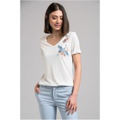 Resim Cotton Mood 7130562 Leylek Nakışlı V Yaka Boyfriend Kısa Kol Bluz Ekru 