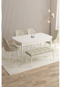 Resim Mazaka Serisi 80x132 Açılabilir Mdf Beyaz Masa Takımı 4 Gri Sandalye 1 Bench Krem 