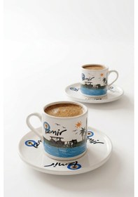 Resim 2'li İzmir Manzara Temalı Kahve Fincanı Seti - Baskılı Fincan Takımı Beyaz 