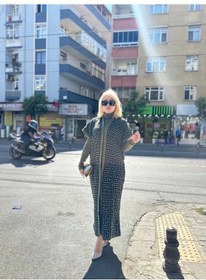 Resim Siyah Çizgi Desenli Elbiseli Hırka Triko Takım Haki Haki 