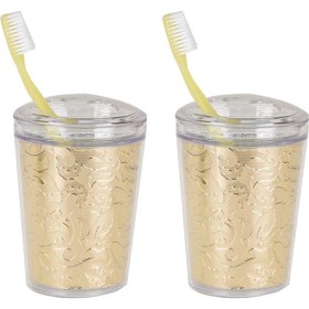 Resim 2 Adet Diş Fırçalık Altın Yaprak Akrilik 9x9x12cm Banyo Seti Çok Renkli 