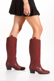 Resim ÜNAL ÖZER Kadın Bordo Cilt Western Nakışlı Sivri Burunlu Günlük Çizme Un001-0218 Bej Süet 