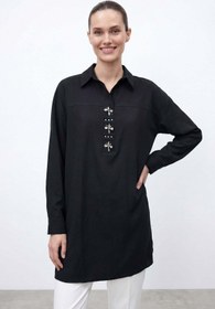 Resim Puane Kadın Taş Aksesuarlı Gömlek Yaka Tunik - 26S-10774TUN - BLACK 