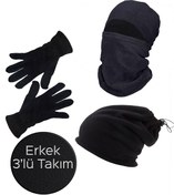 Resim Mrey Erkek Siyah Kışlık Termal Polar Eldiven - Kar Maskesi Motorcu Kask - Ipli Bere Boyunluk 3'lü Set 