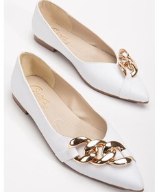 Resim Kadın Babet Beyaz Cilt Zincir Detaylı Sivri Kalıp-4023 Beyaz 