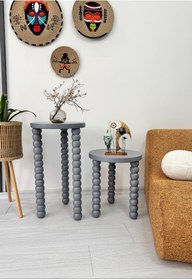 Resim ASELYA HOME Doğal Ahşap 2’li Set Boncuk Ayaklı Yan Sehpa Modern Antrasit Renk Fiskos Zigon Çiçeklik 