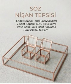 Resim Nişan Söz Tepsisi Kapaklı Çift Kare Yüzük Kutulu 