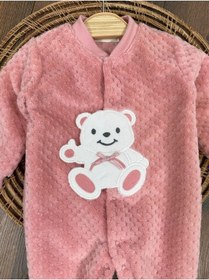Resim Bebicix Peluş Ayıcık Nakışlı Patikli Çıtçıtlı Kışlık Erkek Bebek Tulum Pembe 