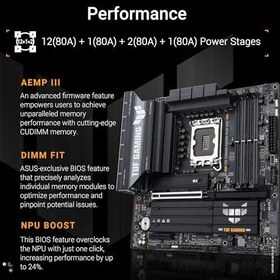 Resim ASUS TUF GAMING B860M PLUS WIFI Intel mATX anakart, 12+1+2+1 80A DrMOS güç aşamaları, DDR5, PCIe 5.0, 3xM.2 yuvaları, WiFi 7, 2.5Gb Ethernet, DisplayPort, HDMI, DP Alt modlu USB 20Gbps Tip-C 