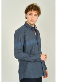 Resim Megaldi Erkek Slim Fit Blok Desenli Pamuklu Uzun Kol Gömlek 1200 İndigo Mavi İndigo Mavi İndigo 