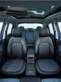 Resim Skoda Rapid 2012 Sonrası Ön Arka Set Koltuk Minderi, Kılıf Siyah Suni Deri Mavi Dikiş 