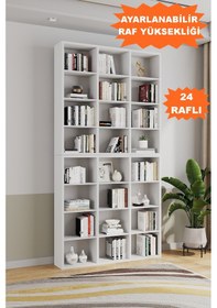 Resim Ae-1079 İmre Beyaz 24 Raflı Kitaplık Kütüphane Ayarlanabilir Raf 