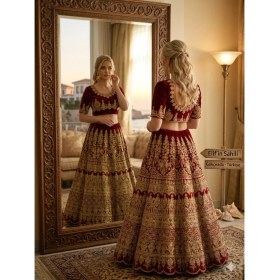Resim Aashiv's Collection Gelinlik Hint Lehenga Choli Takımı Bordo Işlemeli 