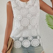 Resim Kadınlar için Şık Yarı Saydam Dantel Kesikli Tank Top - %100 Polyester, Yuvarlak Yaka, Makinede Yıkanabilir ve Nefes Alabilen Yazlık Kolsuz Üst 