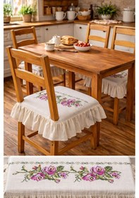 Resim Romantik Ege Mor Gül Kanaviçe Nakışlı Fırfırlı Sandalye Minderi Çok Renkli 