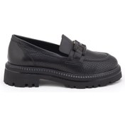 Resim Venüs 2411530 Kadın Hakiki Deri Baskılı Tokalı Kalın Taban Loafer Ayakkabı Siyah 