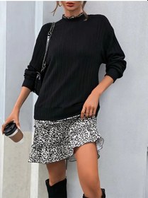 Resim Kadın Uzun Kollu Üst Şardonlu Kaşkorse Alt Süprem Desenli Elbise Siyah 