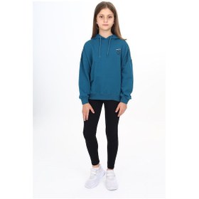 Resim Toontoy Kids Toontoy Kız Çocuk 2'li Takım Baskılı Kapüşonlu Düşük Omuz Sweatshirt & Basic Düz Tayt Petrol Mavi 