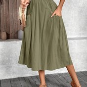 Resim Kadınlar için Rahat Zeytin Yeşili Midi Etek, Süs Düğmeleri, Pilili Etek Kenarı & Yan Cep Detayları - İlkbahar/Yaz için Hafif Polyester Karışımı 