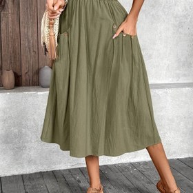 Resim Kadınlar için Rahat Zeytin Yeşili Midi Etek, Süs Düğmeleri, Pilili Etek Kenarı & Yan Cep Detayları - İlkbahar/Yaz için Hafif Polyester Karışımı 