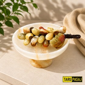 Resim Feng Shui Bereket Üzümü ve Van Taşı Ayaklı Çanak Seti | 30 Taneli Doğal Taş Üzüm Salkımı Dekor - 5 İnç El Yapımı Çanak - kahve 