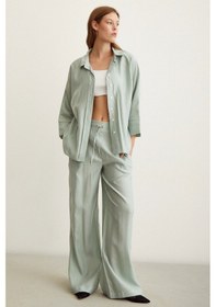 Resim Never More Yarasa Kol Keten Gömlek Mint Mint Yeşili 