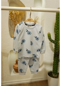 Resim Kız Çocuk Mavi Çiçekli Desenli Uzun Kollu Pijama Takımı-893 Mavi 