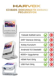 Resim HARVOX C3 Buds Ekranlı Projeksiyon Cihazı Taşınabilir Android Sistemli Wifi HDMI USB Destekli Projektör 