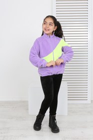 Resim Toontoy Kız Çocuk Dik Yaka Fermuarlı Renk Bloklu Reglan Kol Polar Hırka - Beli Ayarlanabilir Lastikl 