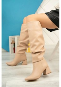 Resim Nut Körüklü Kalın Topuklu Günlük Bayan Çizme Vizon 