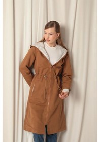 Resim Saklımoda Torino Kumaş Çizgili Garnili Kapüşonlu Kadın Camel Yağmurluk Çok Renkli 