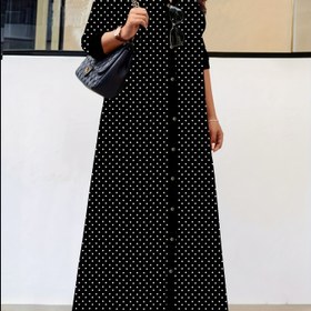 Resim Kadınlar için Büyük Beden Siyah ve Beyaz Polka Dots Uzun Kollu Maxi Elbise - Zarif Düzgün Düğmeli ile Dönme Yaka, Esnek Olmayan Kumaş, Bahar ve Yaz için Mükemmel, Rahat Giyim|Dönme Yaka|Esnek Olmayan Kumaş 