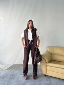 Resim Rawea T-shirtlü Yelekli Eşofman Takımı 3'lü - Boru Paça & Slim Fit Kahverengi 
