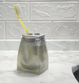 Resim 2 Adet Diş Fırçalık Kristal Taşlı Gümüş Poliresin 7x7x10cm Banyo Seti Çok Renkli 