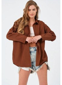 Resim Kadın Kahverengi Oversize Uzun Basic Gömlek Kahverengi 