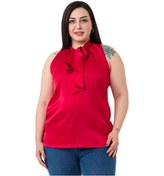 Resim Büyük Beden Yakası Fularlı Yanı Yırtmaçlı Saten Kırmızı Bluz-Kırmızı 