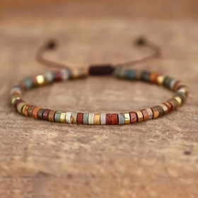 Resim Kadınlar için 1 Adet Vintage Şık Ahşap 7 Çakra İyileştirici Bileklik - Renkli Çizgili Desenli Ayarlanabilir Reiki Yoga Boncukları, Kahverengi Kordon, Günlük ve Parti Giyimi, Her Mevsim Aksesuar 