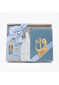 Resim Takke + Esans + Tesbih + Seccade + Kadife Kuran Hediye Seti Çanta Boy, Mavi 