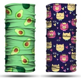 Resim Dair Avokado - Kedi Desenli 2'li Set Boyunluk Bandana Outdoor Balaklava Yüz Maskesi Kafa Bandı 