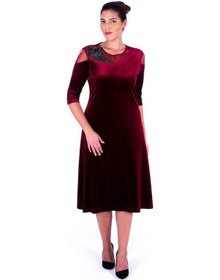 Resim Nidya Moda Büyük Beden Kadın Bordo Kadife Abiye Elbise-4123B Bordo 
