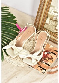 Resim Fox Shoes Bej Saten Kurdele Detaylı Kadın Topuklu Ayakkabı K74938 