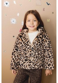 Resim Defacto Kız Bebek Kapüşonlu Leopar Desenli Fermuarlı Pelüş Mont E7993a525aubg744 Bej 