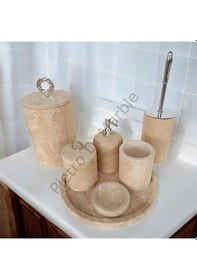 Resim Sarı Traverten Klasik Model 7 Parça Gümüş Renk Halka Aksesuarlı Banyo Seti Sarı Traverten 