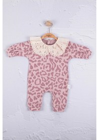 Resim Leopar Dama Desenli % 100 Pamuk Kız Bebek Tulum Mor 