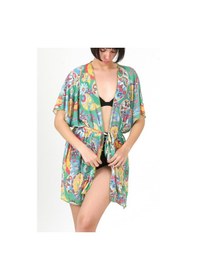 Resim Pareo Plaj Elbisesi Kimono Std Yazlık Oversize Tül Gömlek Kemerli Elbise Şal Desen Yeşil 